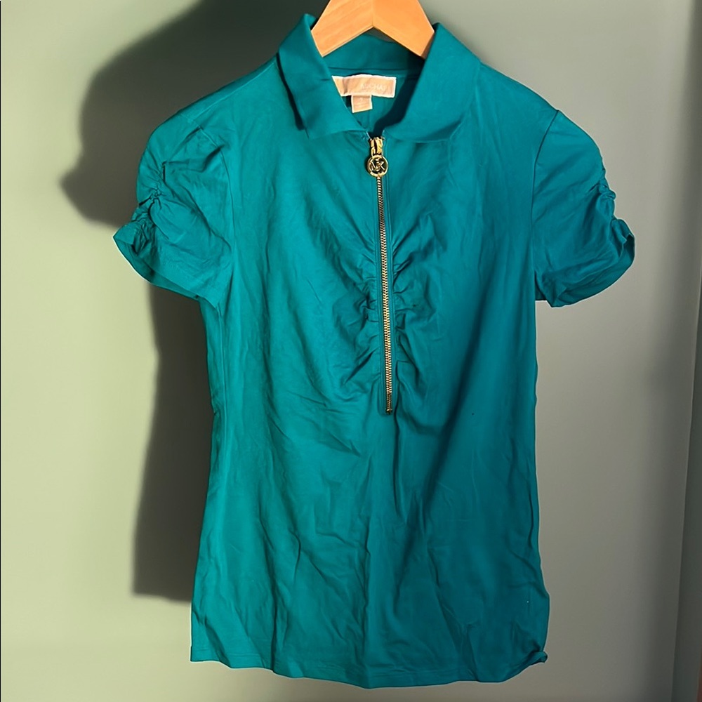 Michael Kors Blue Ruched Polo Blouse